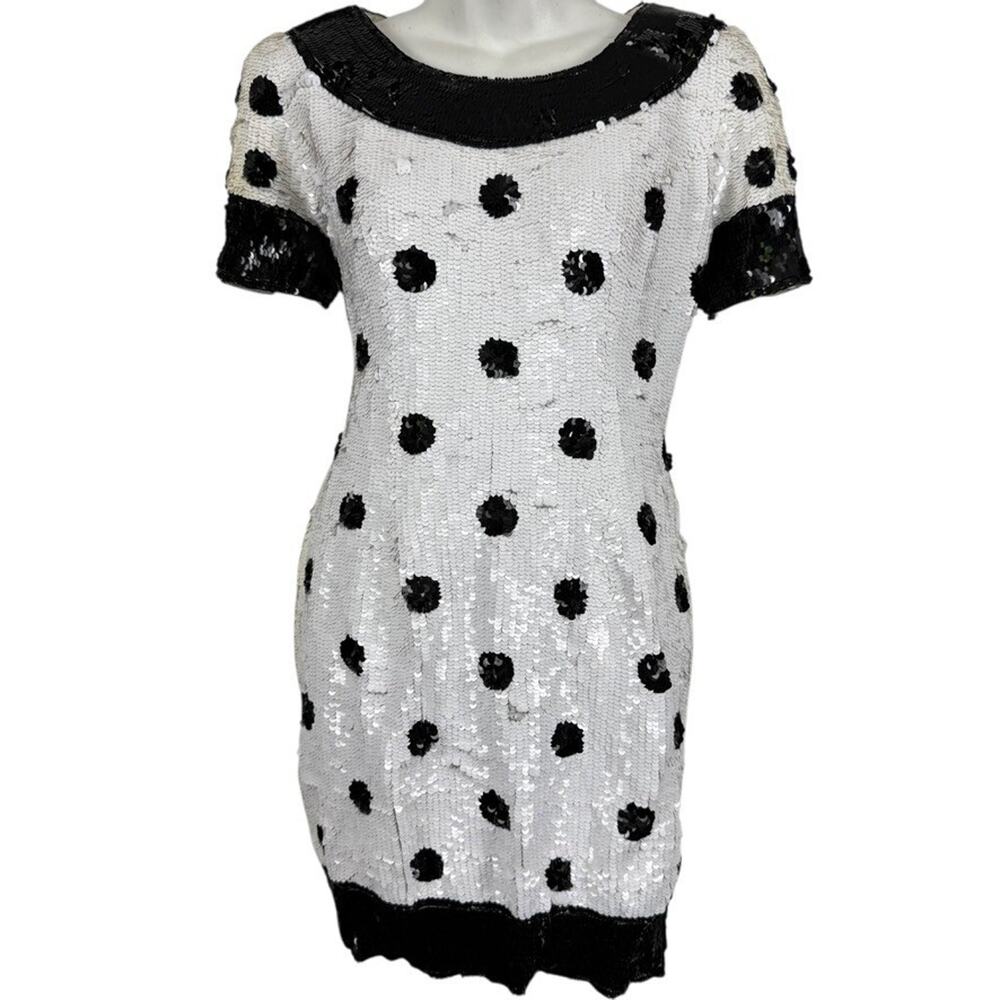 Black Tie Oleg Cassini Vintage 100% Silk Allover Sequin Dots Formal Dress sz 10